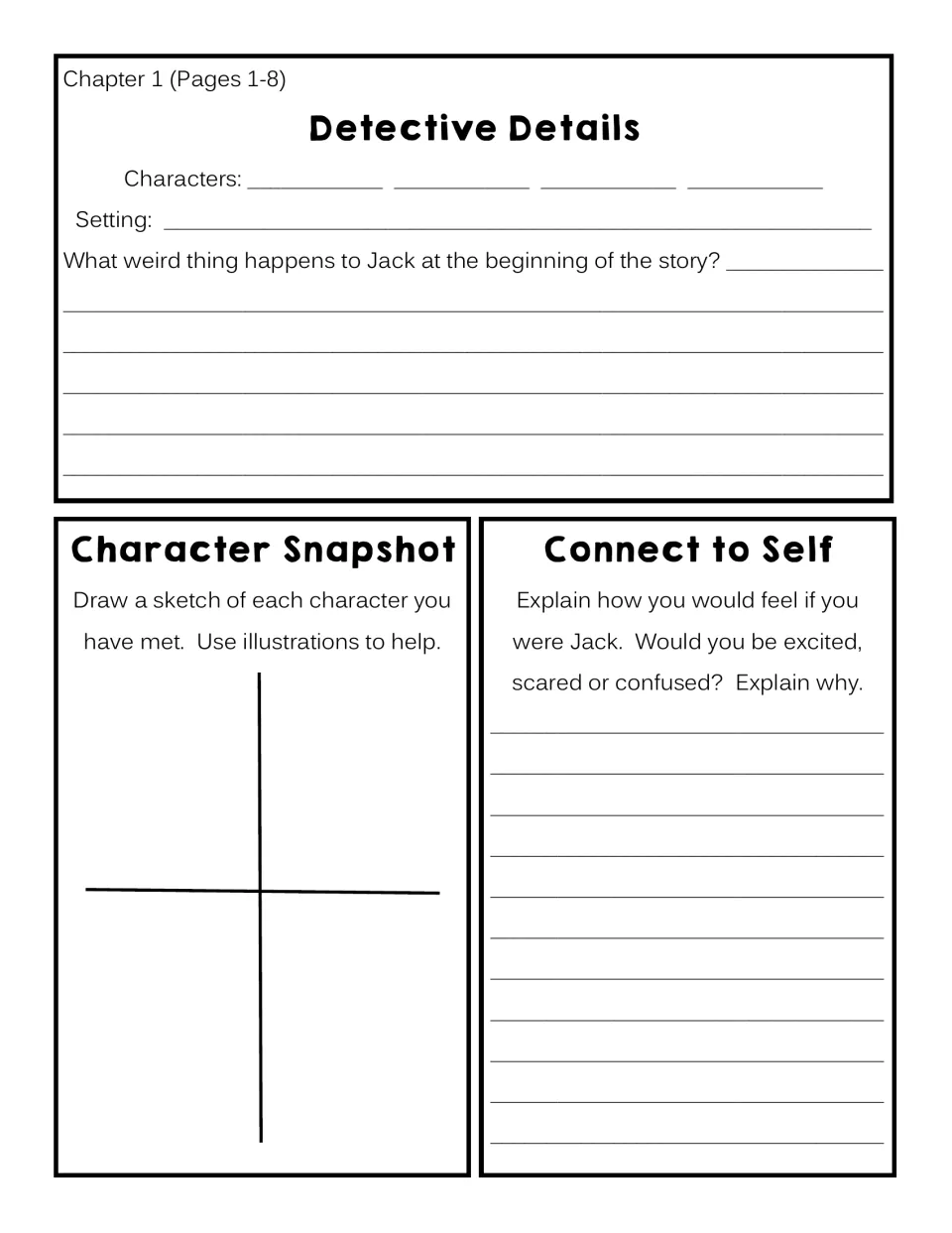 Chapter 1 response sheet: identify characters and setting, sketch characters, and explain feelings as Jack