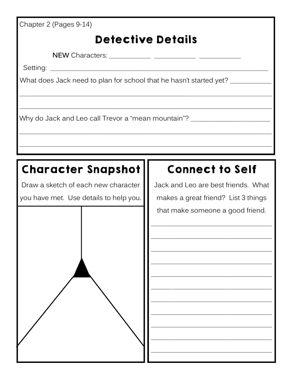 Chapter 2 response sheet: identify new characters, explain Trevor’s nickname, and list three friendship traits