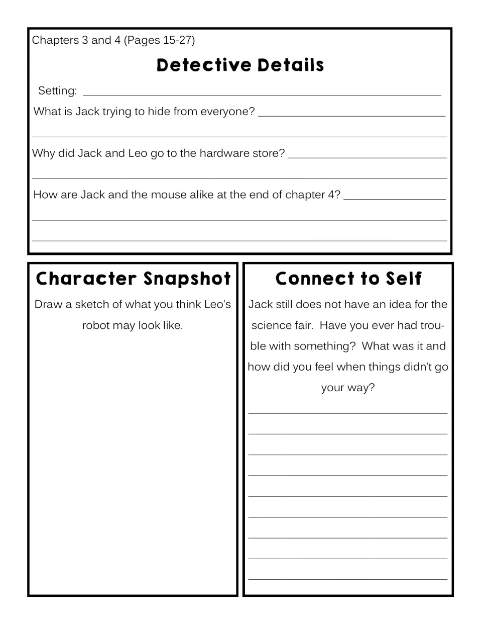 Chapters 3–4 response sheet: explain Jack’s secret, sketch Leo’s robot, and connect to science fair frustration