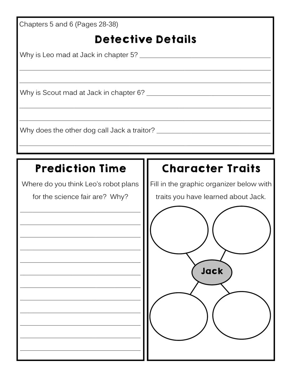 Chapters 5–6 response sheet: explain anger toward Jack, predict where Leo’s plans are, and identify Jack’s traits