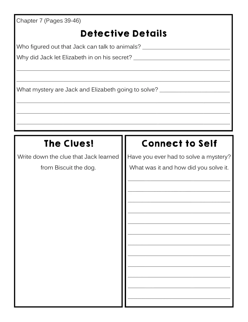 Chapter 7 response sheet: explain Jack’s secret and mystery, record Biscuit’s clue, and recall solving a mystery