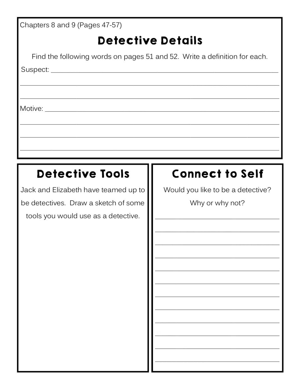 Chapters 8–9 response sheet: define suspect and motive, sketch detective tools, and reflect on being a detective