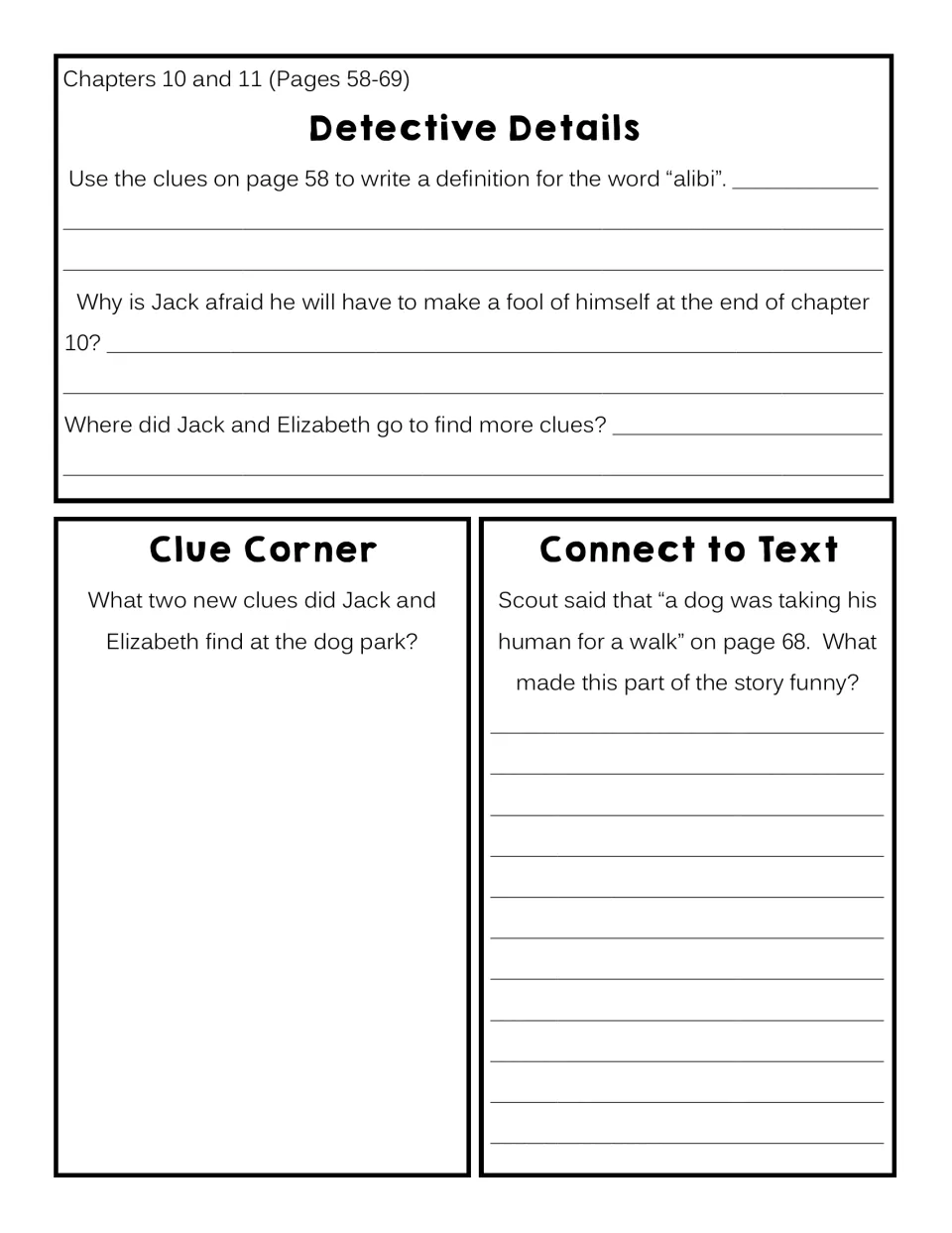 Chapters 10–11 response sheet: define alibi, record two dog park clues, and explain humor in Scout’s words