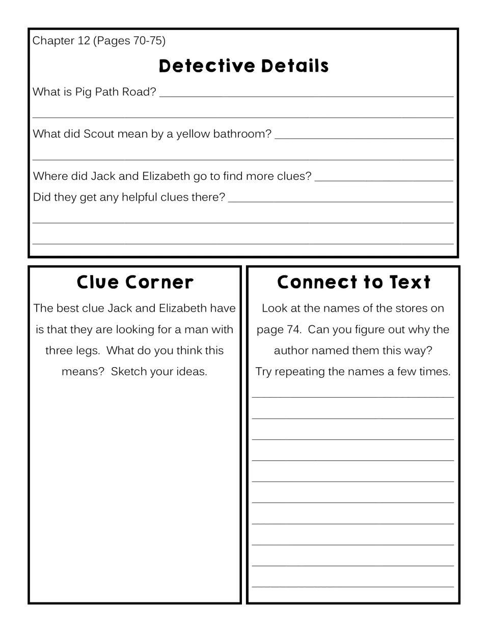 Chapter 12 response sheet: explain Pig Path Road, sketch the three-legged man clue, and interpret store names