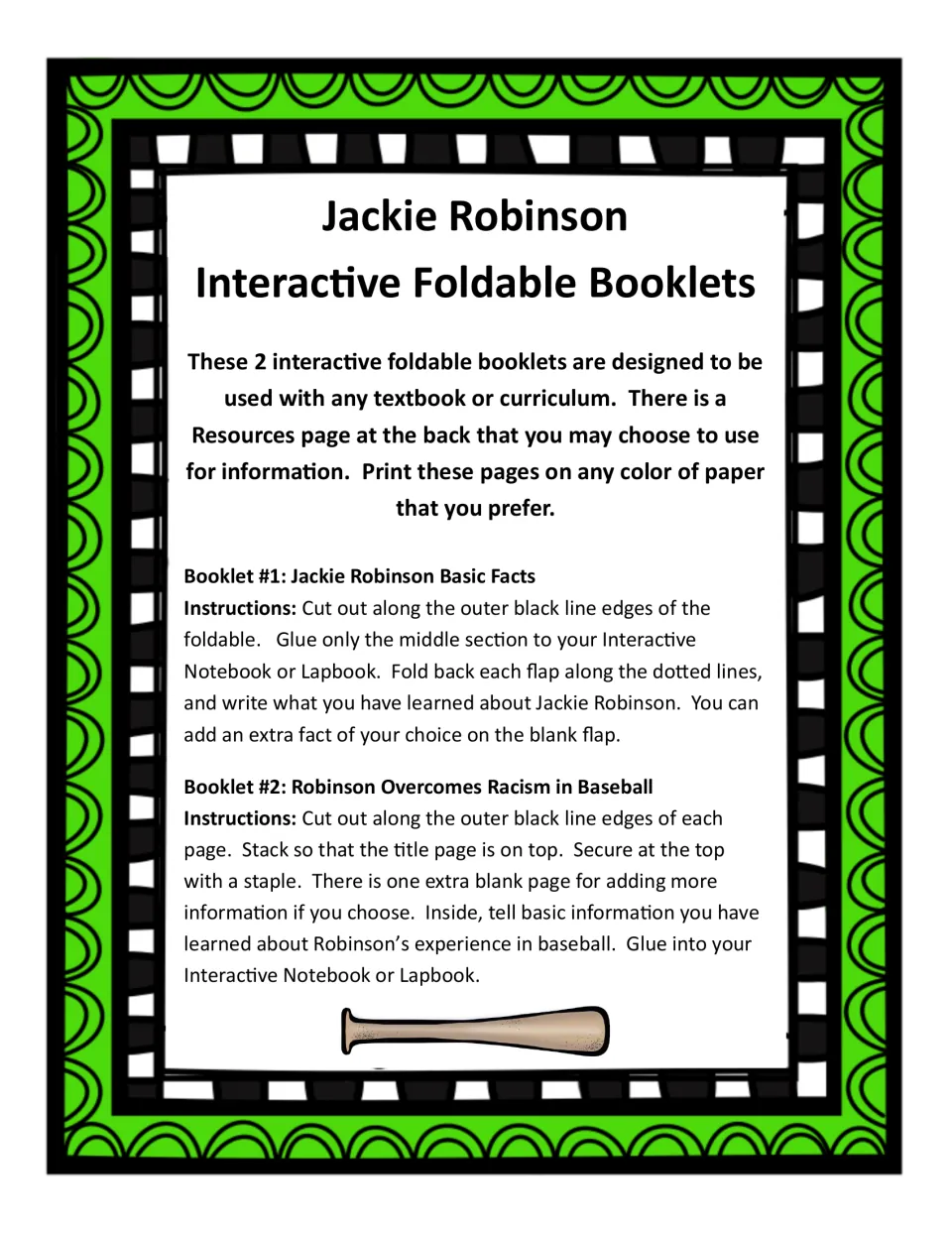 Instructions for assembling two Jackie Robinson booklets and adding researched facts to their pages