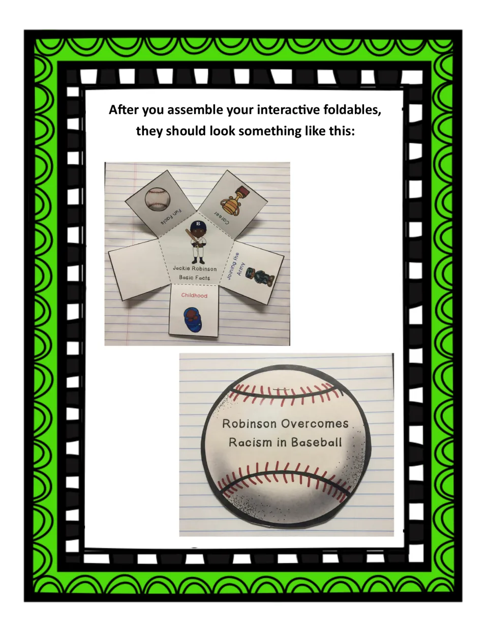 Completed examples of the Jackie Robinson basic-facts foldable and baseball-shaped racism booklet