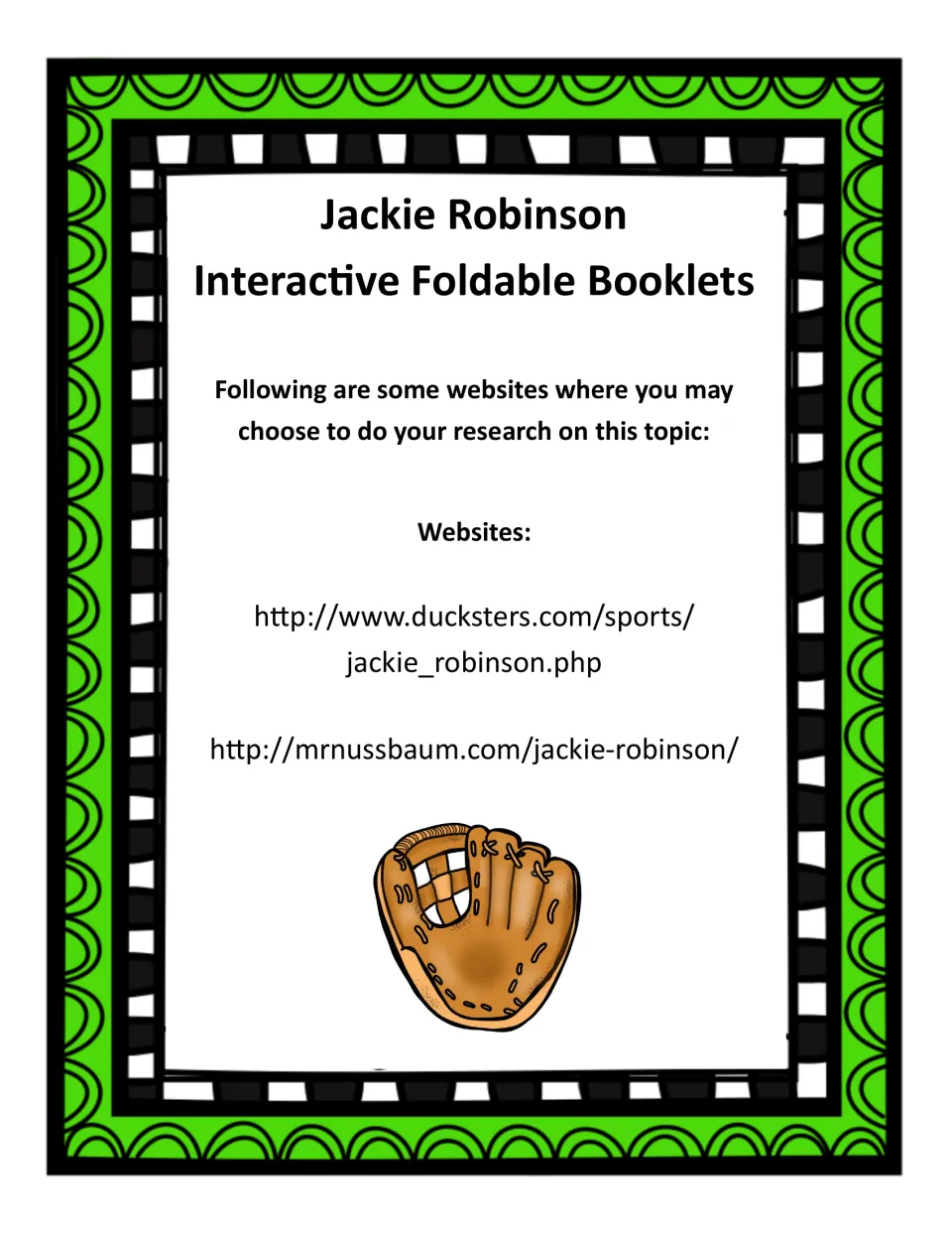 Research resource page listing Ducksters and MrNussbaum websites for the Jackie Robinson booklets