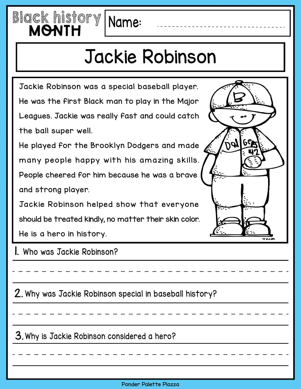 Jackie Robinson reading passage on baseball and fair treatment, followed by three comprehension questions