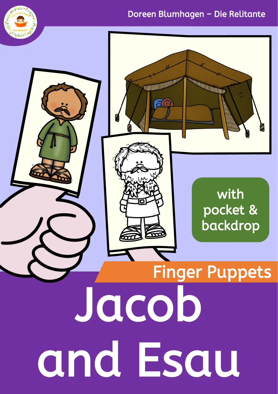 Cover: Jacob and Esau finger puppets with pocket and backdrop, showing a colour puppet, a colouring version and a tent