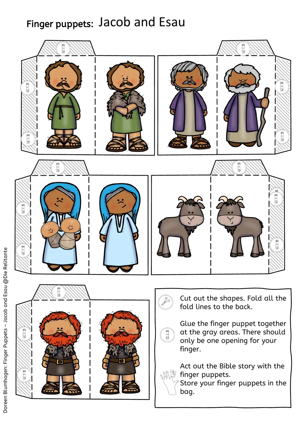 Colour cut-outs of five two-sided puppets: Jacob (plain and in goat skins), Isaac, Rebekah with twins, a goat and Esau