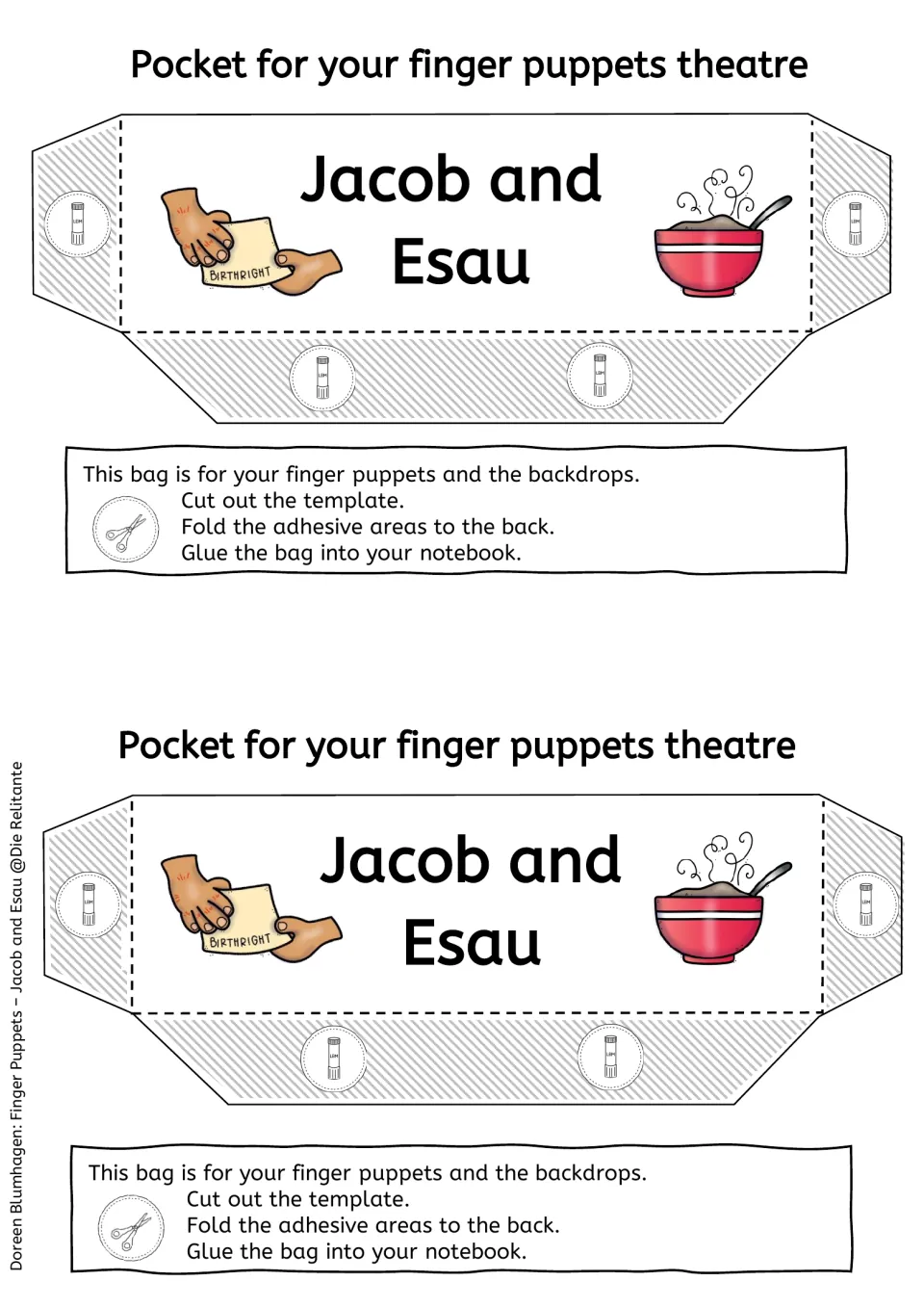 Colour storage pocket templates with birthright paper and stew bowl art; students cut, fold and glue the bag in notebooks