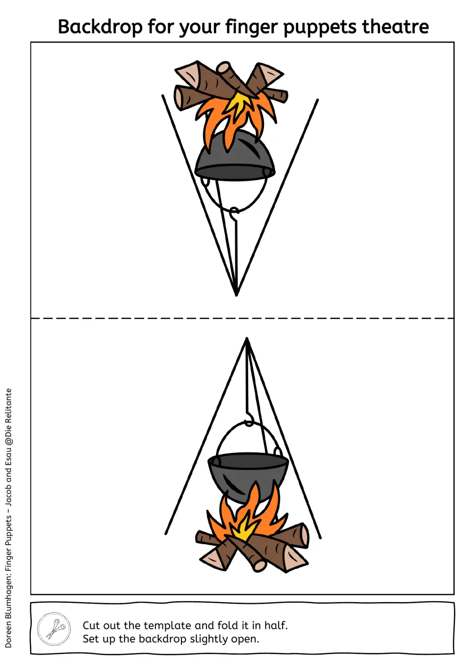 Fold-in-half backdrop showing a campfire with a cooking pot hung on a tripod, a stew scene for the puppet theatre