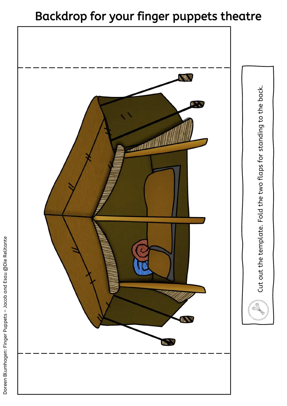Standing tent backdrop to cut out, with two flaps folded back so the scene stands up behind the puppet play