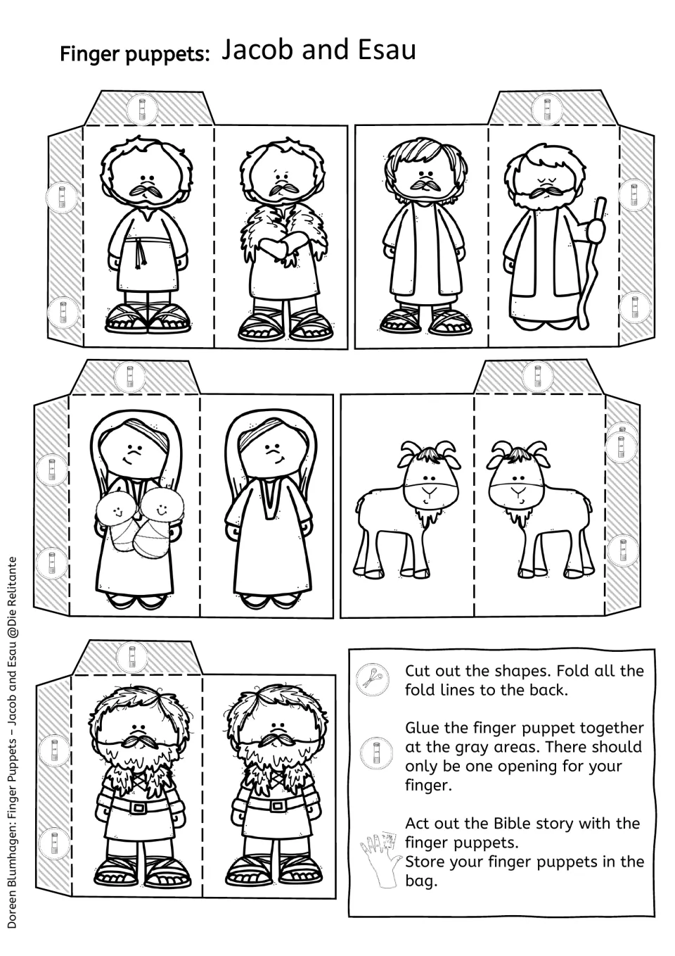 Colouring version of the five two-sided puppets, Jacob, Isaac, Rebekah, goat and Esau, with fold and glue steps