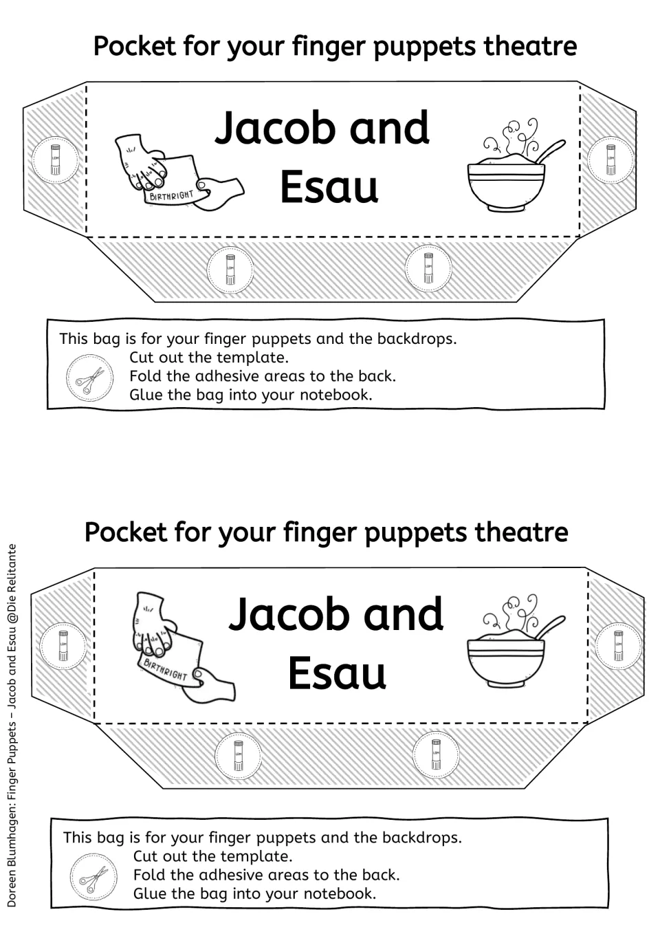 Black-and-white storage pocket templates with birthright and stew bowl art for students to colour and glue in notebooks