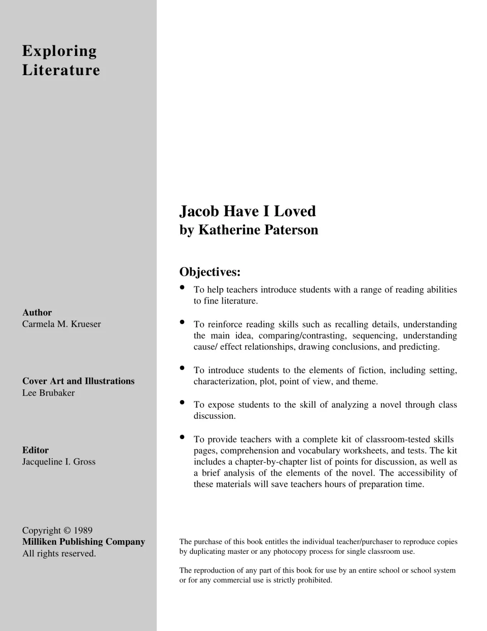 Teaching guide objectives include reading comprehension, fiction elements, novel discussion, and vocabulary