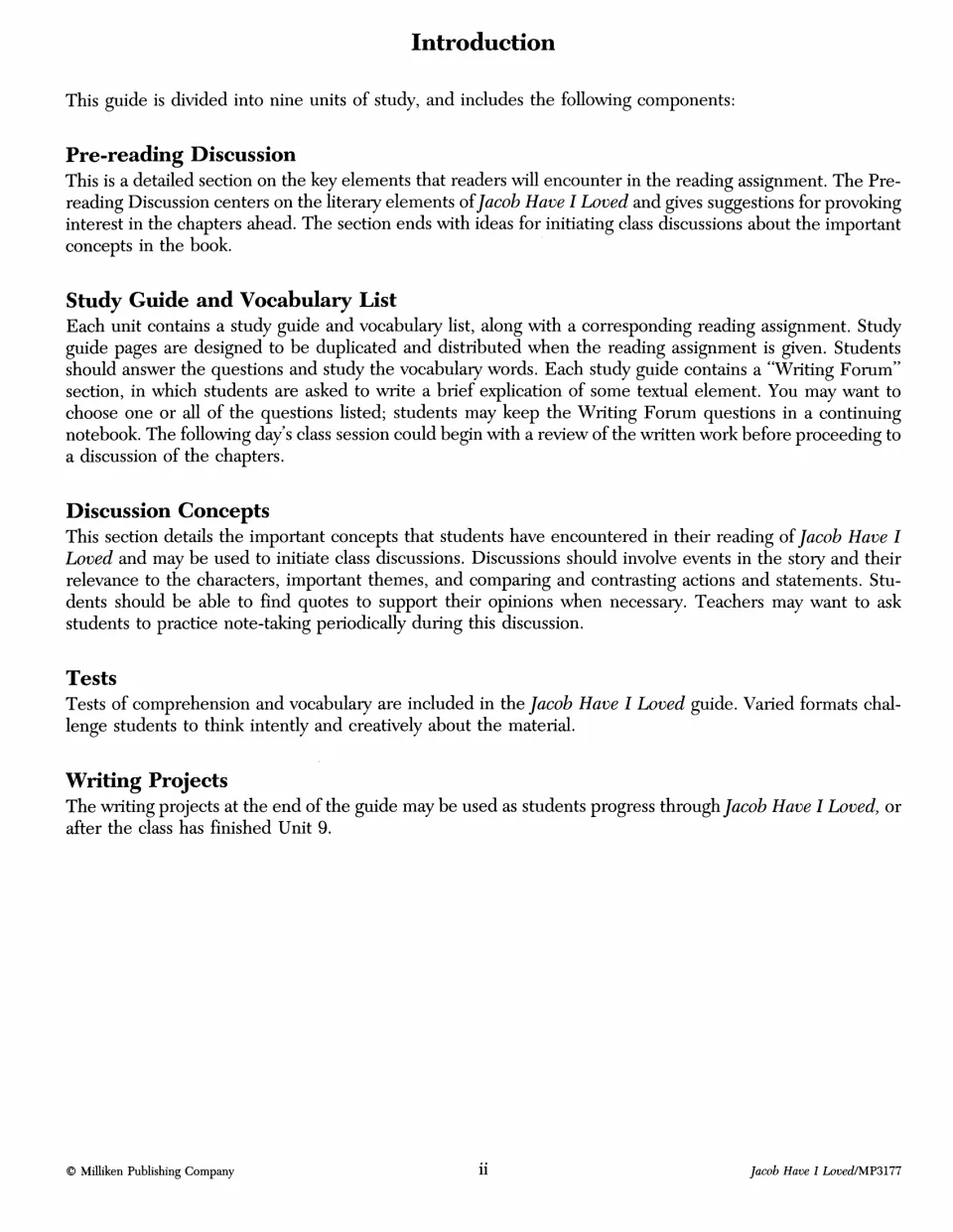 Introduction explains each unit's pre-reading discussion, study guide, vocabulary, tests, and writing projects