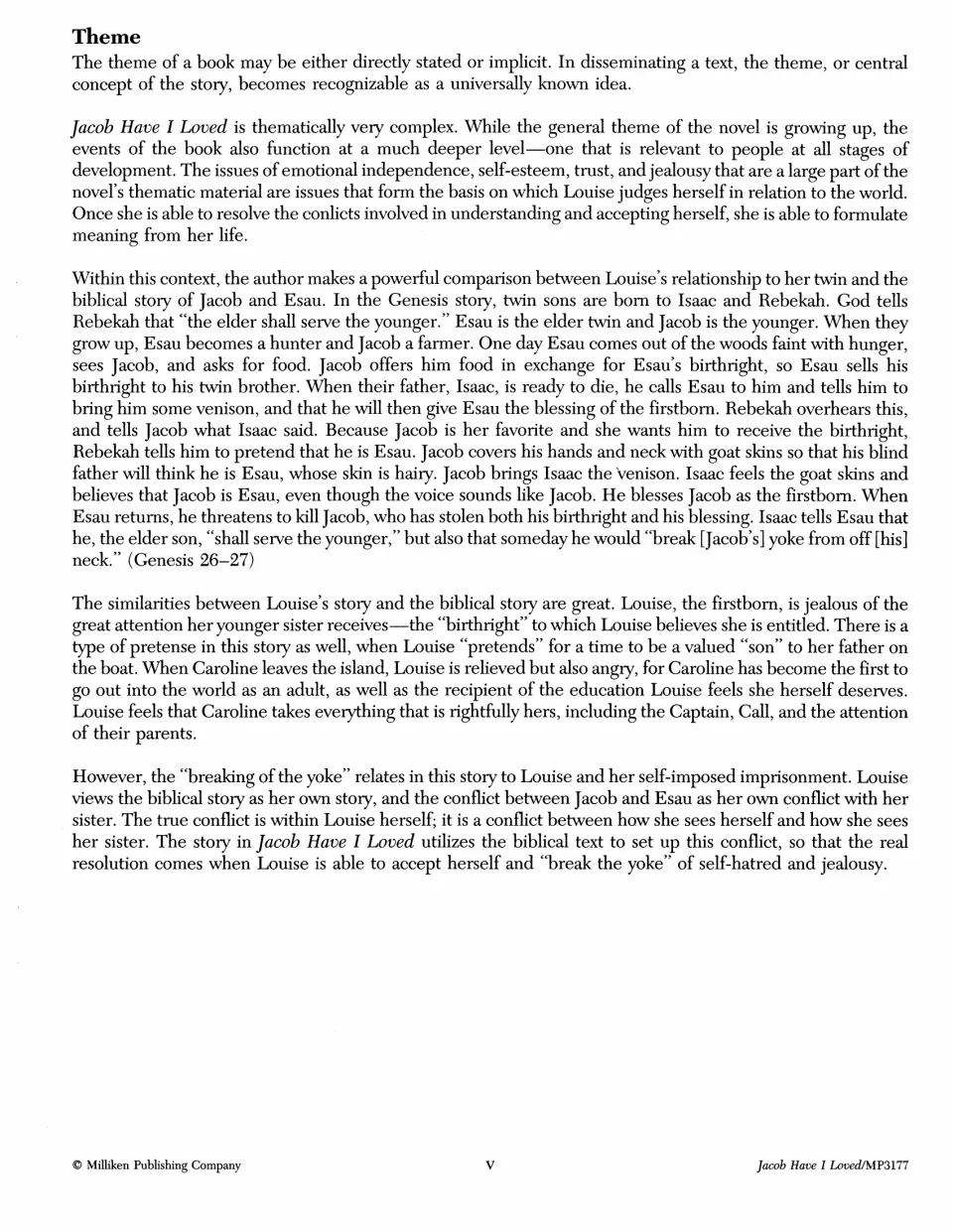 Theme notes connect Louise's jealousy and self-acceptance to growing up and the biblical story of Jacob and Esau