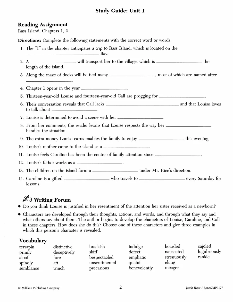 Unit 1 study guide contains 14 completion questions, two Writing Forum prompts, and a chapter vocabulary list