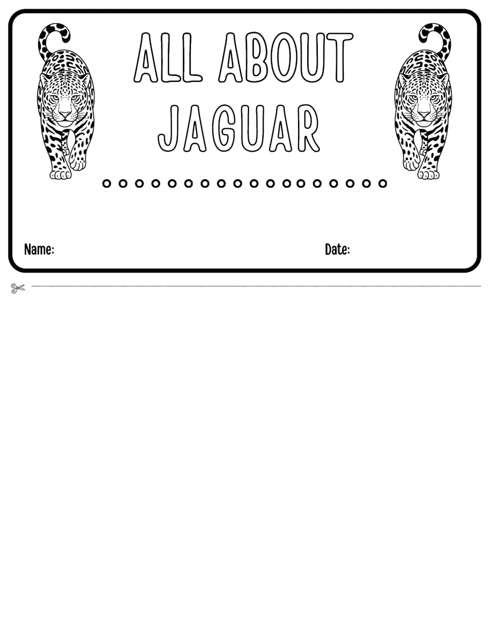 All About Jaguar title flap with two jaguar drawings and Name and Date lines, cut out along the scissor line