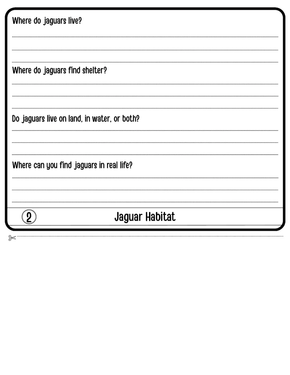 Jaguar Habitat: students write where jaguars live and find shelter, if they live on land or water, and where to see them