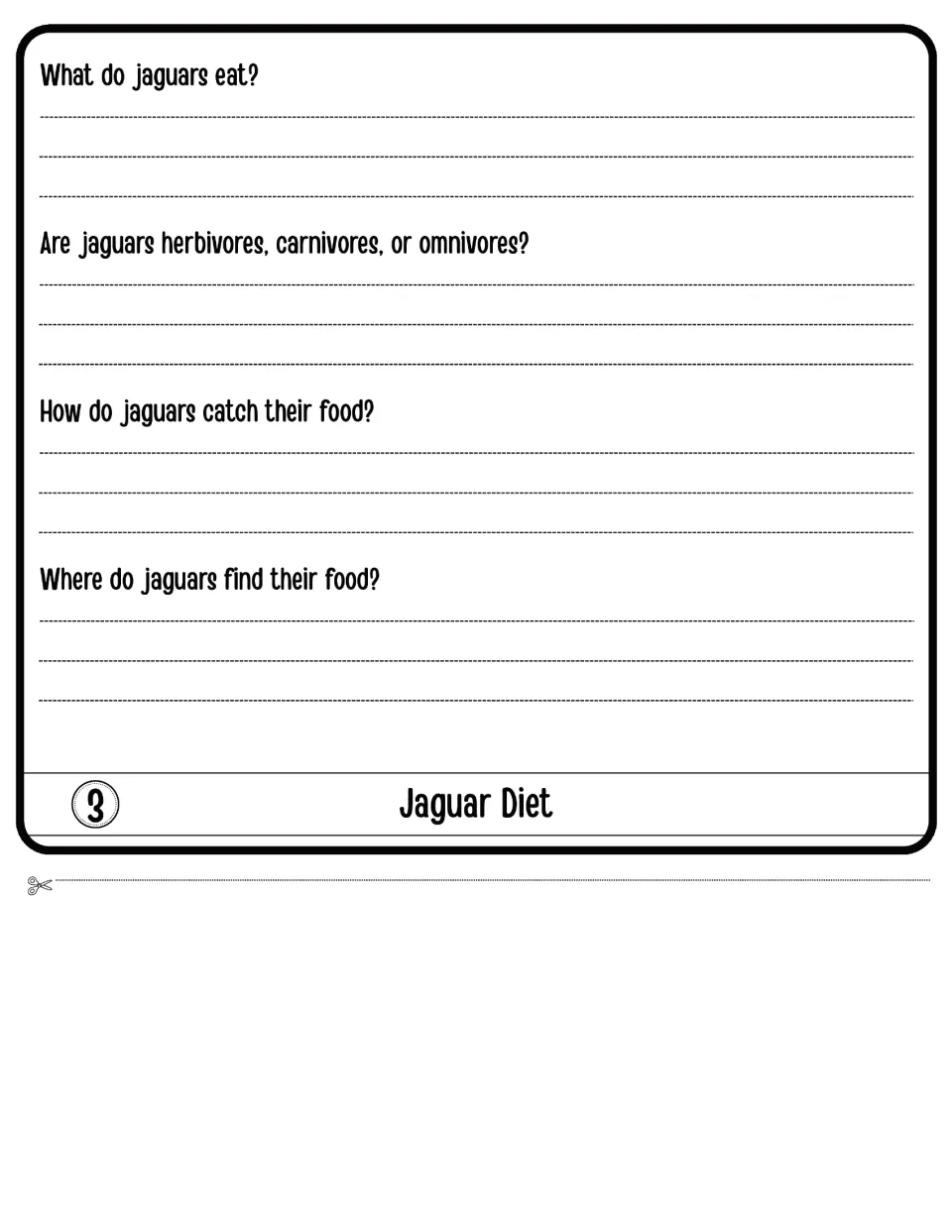 Jaguar Diet: students write what jaguars eat, which diet group they fit, and how and where they find food