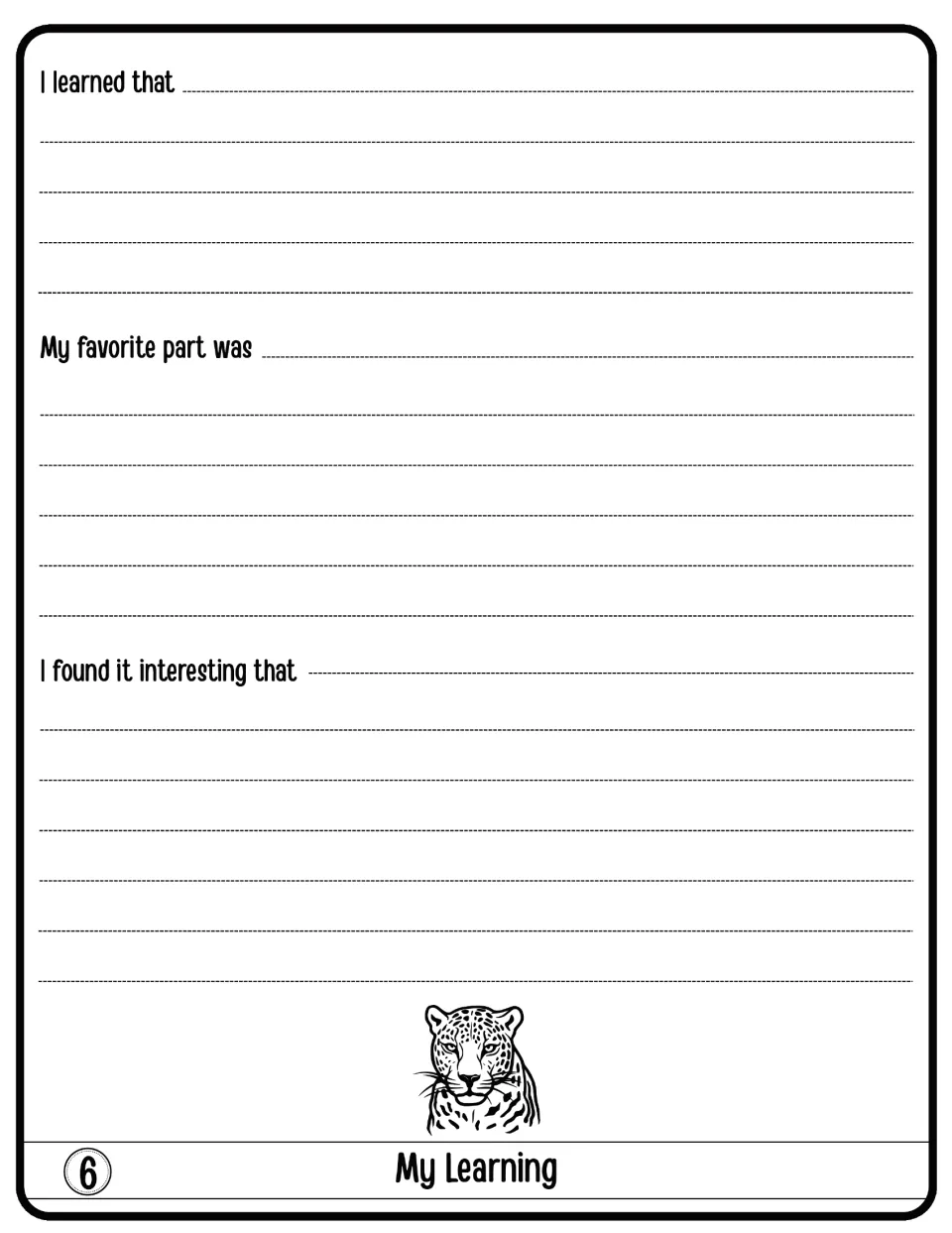 My Learning reflection: students finish I learned that, My favorite part was and I found it interesting that about jaguars