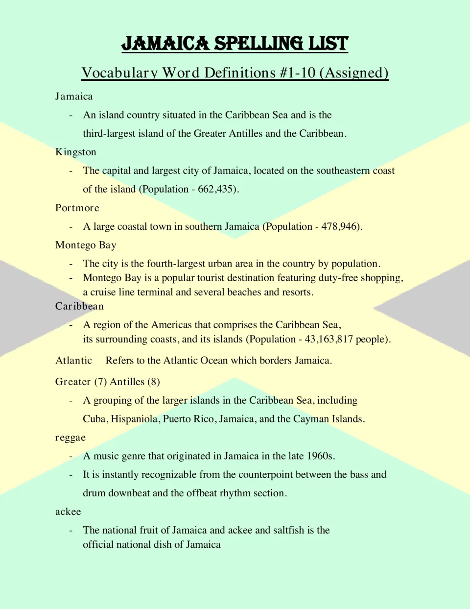 Vocabulary definitions for words 1-10: Kingston as Jamaica's capital, Montego Bay, the Greater Antilles, reggae and ackee