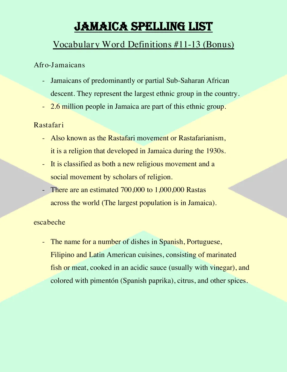 Bonus vocabulary definitions: Afro-Jamaicans as the largest ethnic group, Rastafari's 1930s origins and escabeche dishes