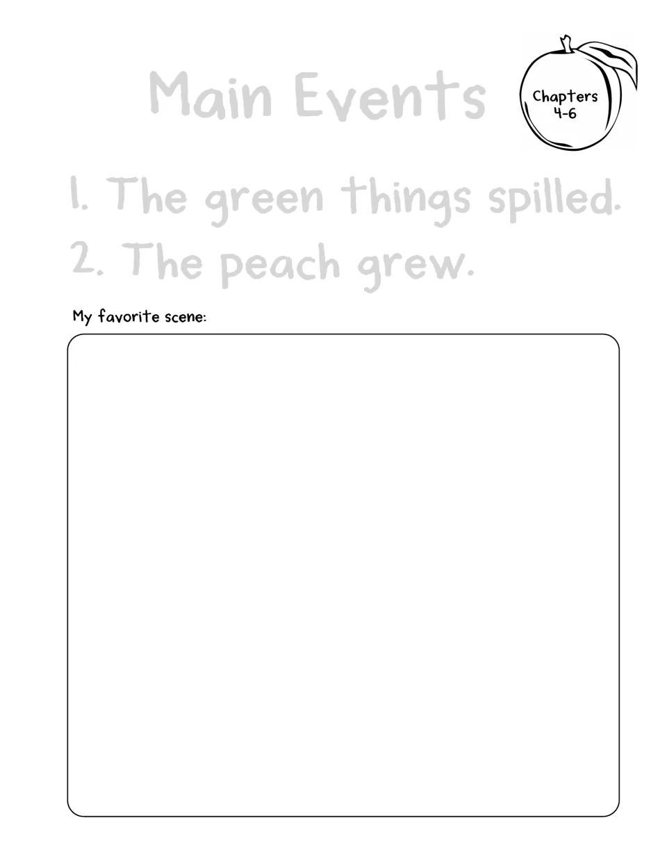 Chapters 4–6 response page lists 'The green things spilled' and 'The peach grew' with a favorite-scene prompt.