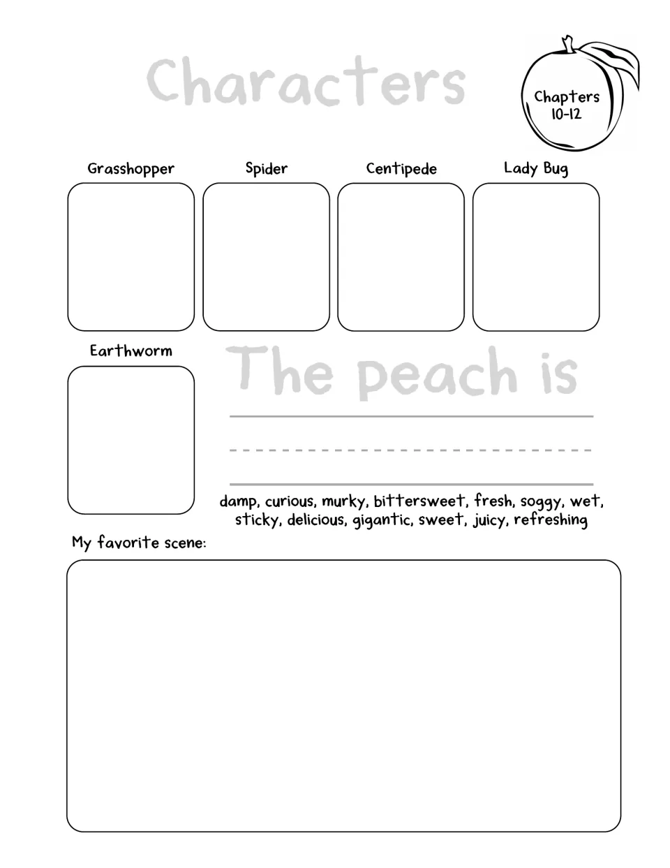 Chapters 10–12 response page names five animal characters and offers descriptive words for 'The peach is.'