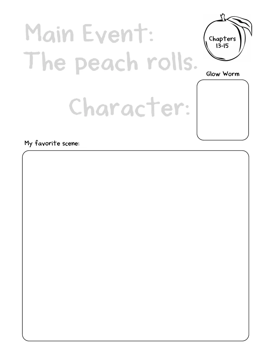 Chapters 13–15 response page states 'The peach rolls,' names Glow Worm, and asks for a favorite scene.