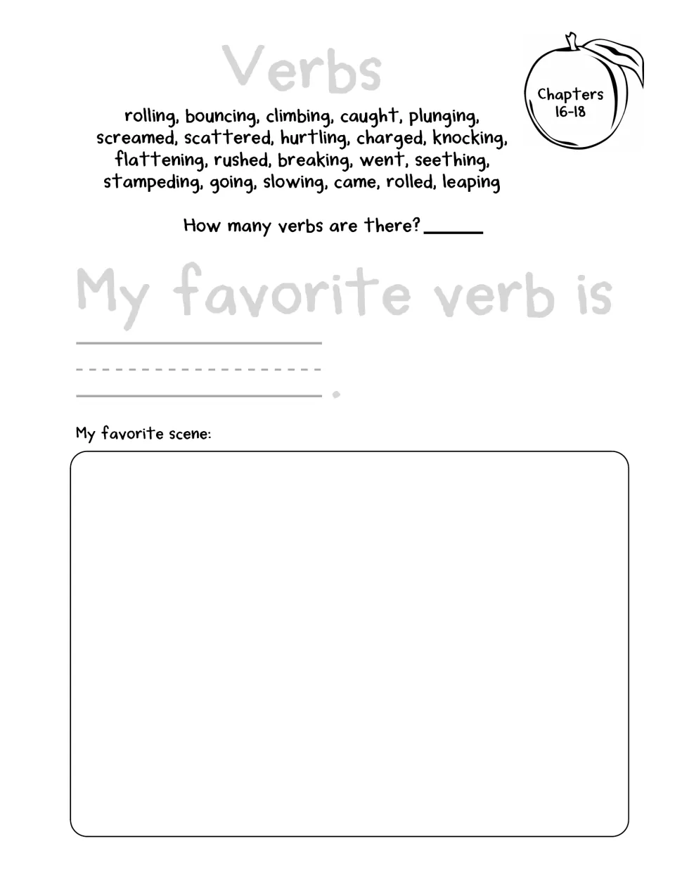 Chapters 16–18 verb response page asks students to count the listed verbs and complete 'My favorite verb is.'