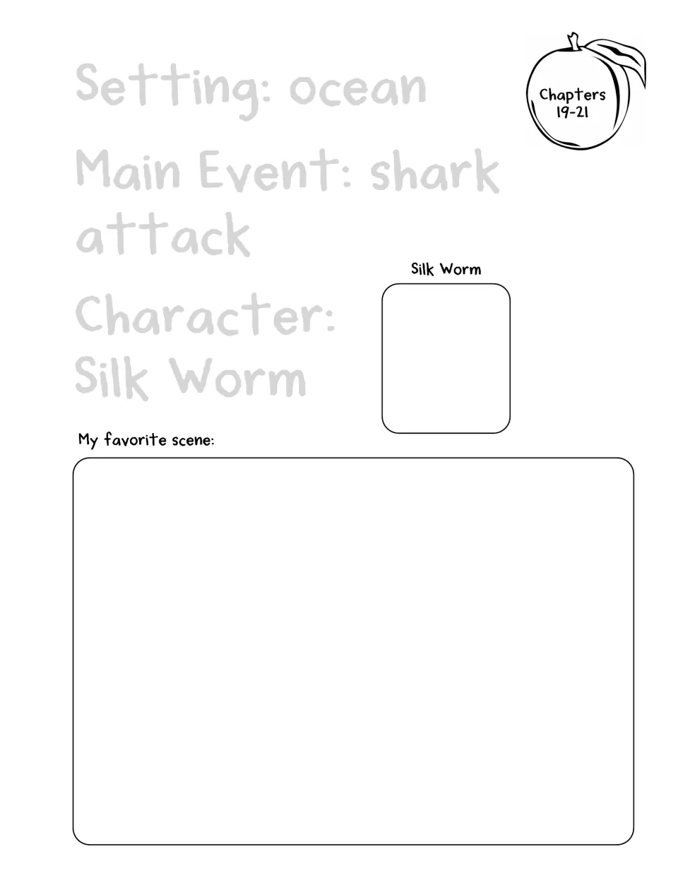 Chapters 19–21 response page names the ocean setting, shark attack, and Silk Worm, with a favorite-scene prompt.