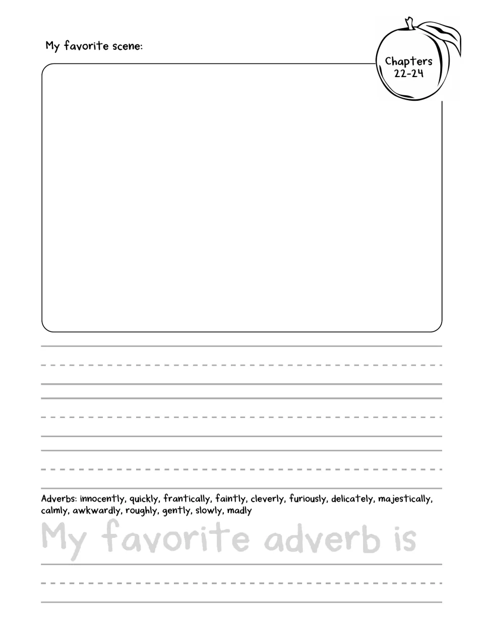 Chapters 22–24 response page includes a favorite-scene prompt, an adverb list, and 'My favorite adverb is.'