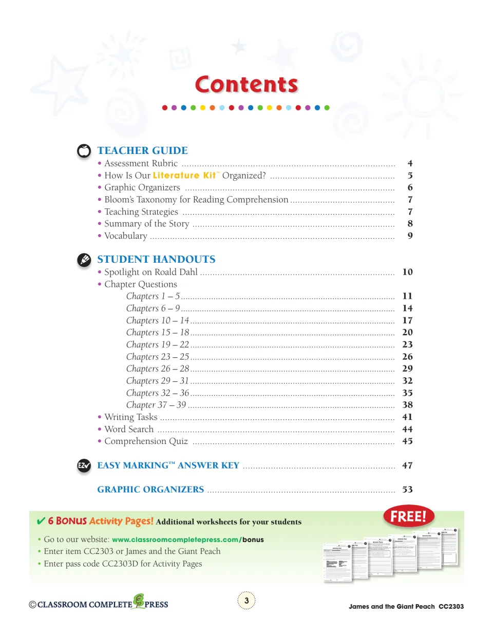Contents lists the teacher guide, ten chapter question groups, writing tasks, quiz, answer key, and organizers