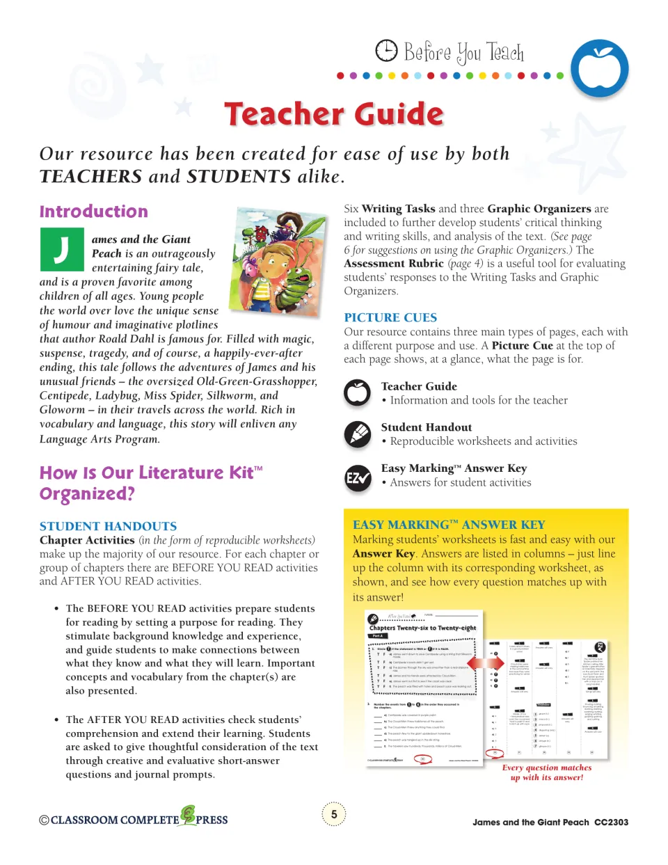 Teacher guide explains before- and after-reading activities, six writing tasks, and three graphic organizers