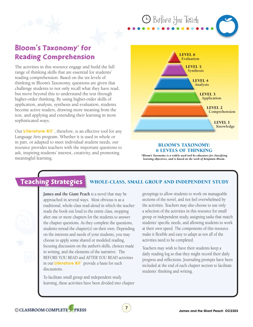 Teacher guide outlines Bloom’s six thinking levels and strategies for whole-class, small-group, and solo study