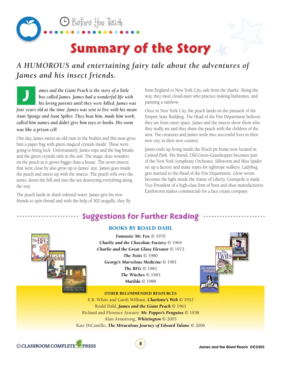 Teacher story summary follows James from his aunts’ home to New York and lists suggestions for further reading