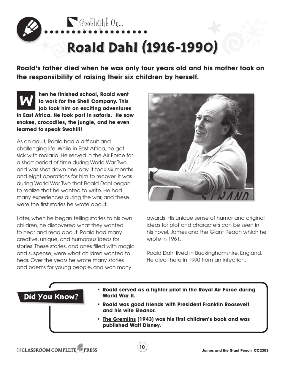 Student author spotlight introduces Roald Dahl’s life, wartime service, and writing, with a portrait and facts