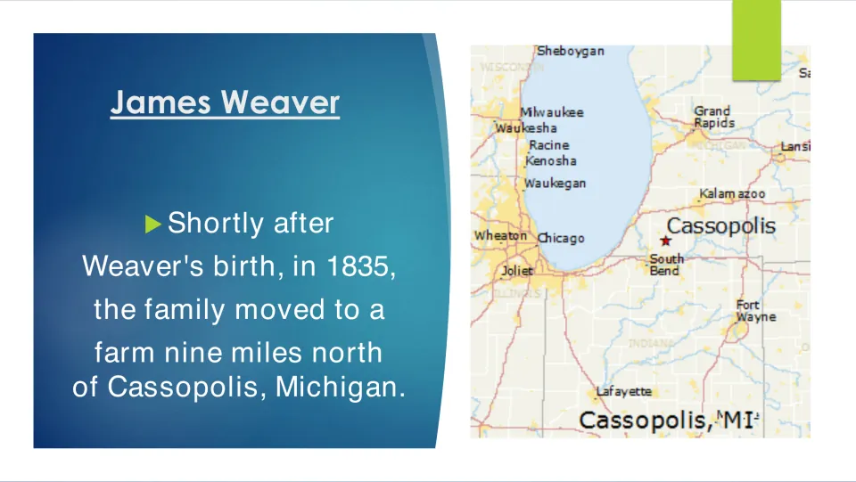 Weaver family's 1835 move to a farm nine miles north of Cassopolis, Michigan, with a map marking Cassopolis