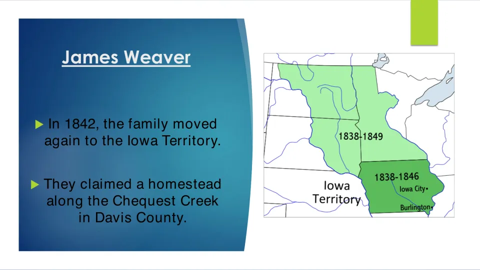 1842 move to the Iowa Territory: family homestead on Chequest Creek in Davis County, with a territory map