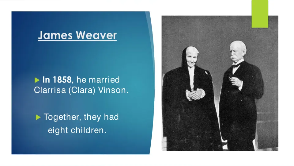 Weaver's 1858 marriage to Clarrisa (Clara) Vinson and their eight children, with a photo of an elderly couple