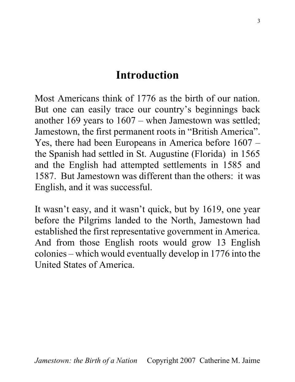 Introduction connects Jamestown's 1607 settlement and its 1619 representative government to the nation's origins
