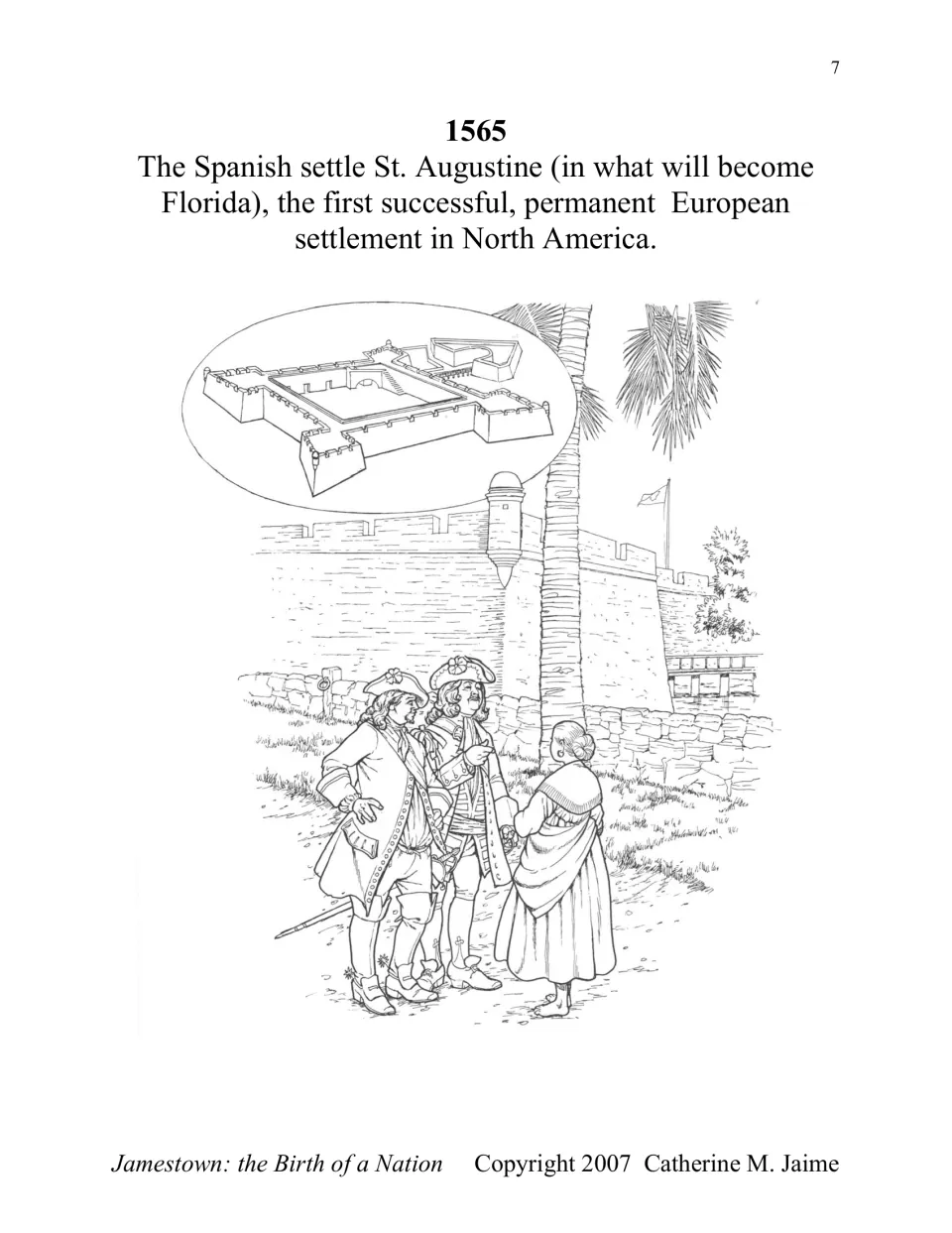 Timeline entry for 1565 describes Spanish settlement at St. Augustine, illustrated with a fort and settlers