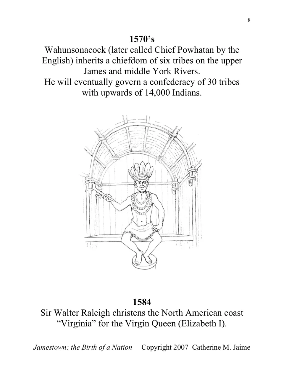 Timeline covers Powhatan's expanding chiefdom in the 1570s and Raleigh naming Virginia for Elizabeth I in 1584