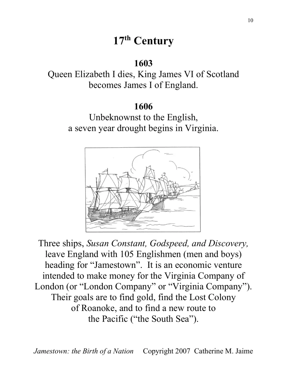 17th-century timeline begins with James I in 1603, then Virginia's drought and three ships leaving England in 1606
