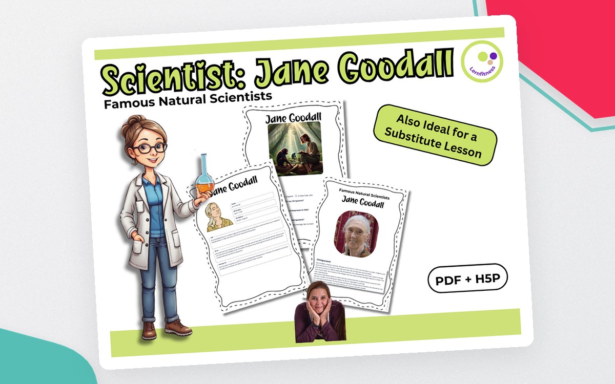 Jane Goodall – Fact Sheet, Quiz & Interactive PDF incl. H5P preview: Twenty-page scientist study