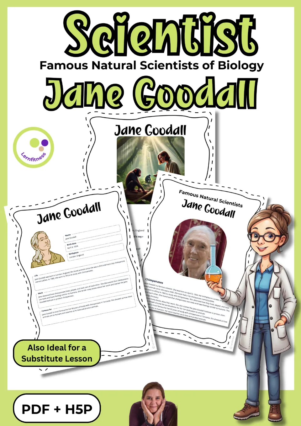 Cover: Famous Natural Scientists of Biology set on Jane Goodall, previewing reading pages and profile sheets in PDF + H5P