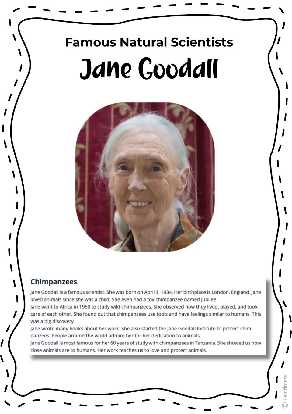 Jane Goodall reading text in color with photo: students read about her chimpanzee research, Jubilee and her institute